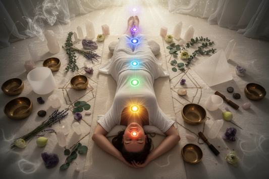 Chakra healing session with glowing energy centers and crystals