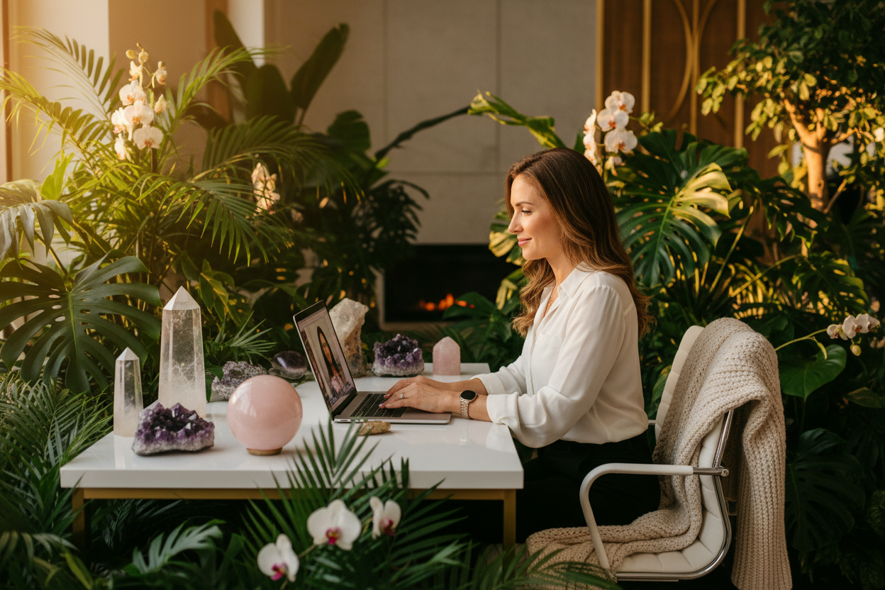 Luxurious virtual discovery call with lush green botanicals and healing crystals